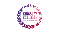 A logo with the text "2025 RESIDENT SATISFACTION" and "KINGSLEY EXCELLENCE" surrounded by a laurel wreath.