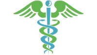 A graphic of a medical symbol with a staff and wings.