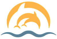 Two dolphins jumping out of the water under a sun.