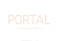 A logo with the word "PORTAL" in the center and "AT THE RIVER DISTRICT" below it.