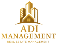 A logo for ADI Management featuring a stylized building.