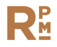 The image shows a large brown letter R on the left, a smaller brown letter P in the middle, and a larger brown letter M on the right.