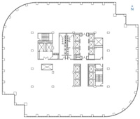 A floor plan of a building with a compass arrow indicating north.