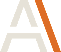 A large white letter A on a black background with a diagonal orange line.
