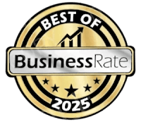 A gold and black emblem signifies a "Best of BusinessRate" award for the year 2025.