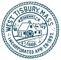 The image is of a logo that includes a house, a wagon wheel, and the text "West Tisbury, Massachusetts Incorporated Apr 28 1892".
