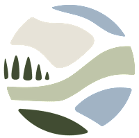 A graphic with abstract shapes in green, blue, and beige.