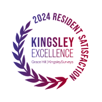A graphic with the text "2024 RESIDENT SATISFACTION" and "KINGSLEY EXCELLENCE" surrounded by a laurel wreath.