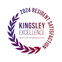 A graphic with a laurel wreath and the words "2024 RESIDENT SATISFACTION MODEL" and "KINGSLEY EXCELLENCE" is displayed.