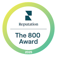 A circular logo with the text "Reputation", "The 800 Award", and "2025" on it.