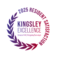 A graphic with text that reads "2025 RESIDENT SATISFACTION KINGSLEY EXCELLENCE Grace Hill | KingsleySurveys".