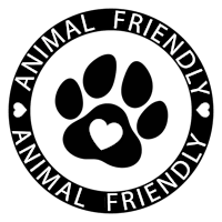 A black background with the words "ANIMAL FRIENDLY" and a white heart in the center.