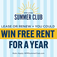 A poster advertises a chance to win free rent for a year by participating in the RPM Summer Club.