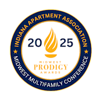 The image is of a badge from the Indiana Apartment Association for the Midwest Multifamily Conference Awards.