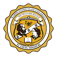 The image is of a seal or emblem featuring two individuals, a book, and a fleur-de-lis, with the text "Harris-Stowe State University Non Multa Sed Multum" and "Founded 