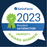 a blue and white speech bubble for the Satisfacts 2023 Resident Satisfaction Property Award Winner