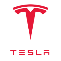 the tesla logo is shown in red on a white background
