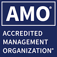 A blue and white logo for the Accredited Management Organization.