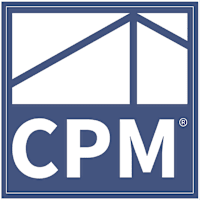 A blue and white logo with a roof and the letters CPM.