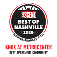 A black and red circular logo with the words "Best of Nashville 2026" and "Knox at Metrocenter Best Apartment Community".