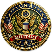 A detailed emblem of the U.S. Military featuring an eagle, a shield, and a banner.