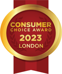 a red and gold badge with the words consumer choice award 2013 london