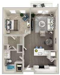 A 3D floor plan of a small apartment with a kitchen, living room, and bathroom.