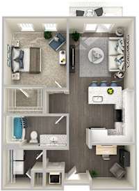 A 3D floor plan of a small apartment with a kitchen, living room, and bathroom.
