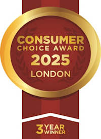 A gold and red award badge for a 3 year consumer choice award.