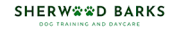 A logo for Sherwood Barks, a dog training and daycare service, featuring a paw print.