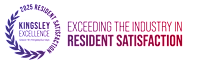 A logo with the text "Kingsley Excellence" and "2025 Resident Satisfaction" surrounded by a laurel wreath.
