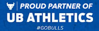 A blue banner with white text that reads "PROUD PARTNER OF UB ATHLETICS" and a hashtag "#GOBULS".