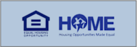 A blue logo with the words "Equal Housing Opportunity" and "Housing Opportunities Made Equal" alongside a graphic of a house.