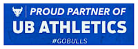 A blue banner with white text that reads "PROUD PARTNER OF UB ATHLETICS #GOBULS".