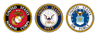 Three emblems of the United States Marine Corps, Navy, and Air Force.