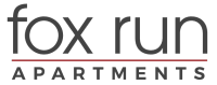 a green background with the words fox run apartments in grey and a red line in the middle