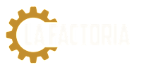 A logo with a gear and the text "LA FACTORIA" in white.