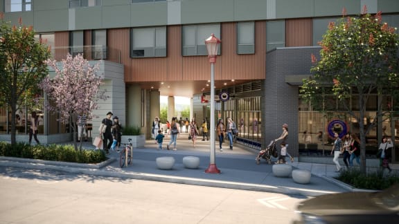 BEAM Apartments Exterior Building Rendering and Street with Shoppers and Pedestrians