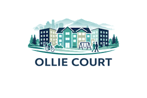 A graphic of a town with the name "Ollie Court" written below it.