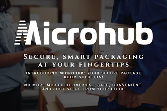 A man is holding a package with the text "Microhub" visible on it.