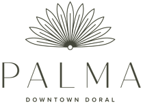 A logo with a flower and the words "PALMA Downtown Doral".