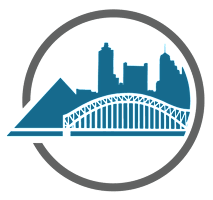 A city skyline with a bridge is depicted in a circular frame.