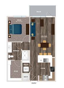 A floor plan of a house with a bedroom, living room, kitchen, and bathroom.