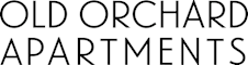 The image shows the words "OLD ORCHARD APARTMENTS" in large black letters on a white background.
