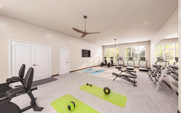 a rendering of a gym with people exercising on treadmills at Sage at Franklin Park Apartment , Austin, 78744