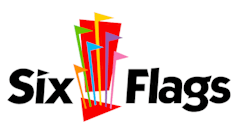 A graphic with the text "Six Flags" and a colorful abstract design.
