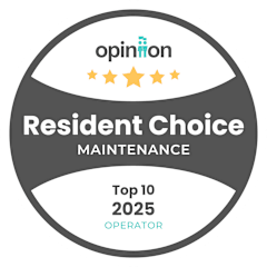 A black and white image of a badge that says Resident Choice Maintenance and Top 10 2025 Operator.