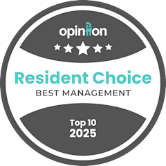 A badge stating "Resident Choice Best Management" and "Top 10 2025".