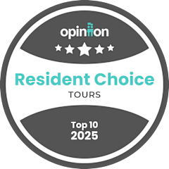 A badge with the text "opinion Resident Choice TOURS Top 10 2025".