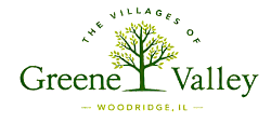 A logo with a tree and the words "Greene Valley" and "Woodbridge, IL" on a black background.